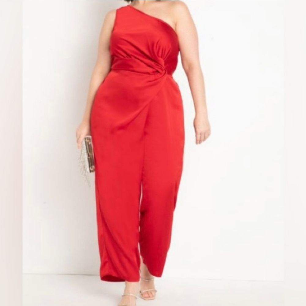 Eloquii Red One Shoulder Satin Jumpsuit Sz 28